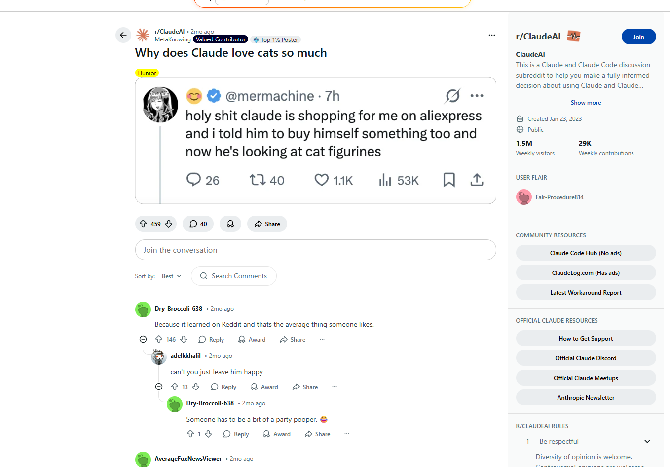 Reddit discussion about Claude and cats